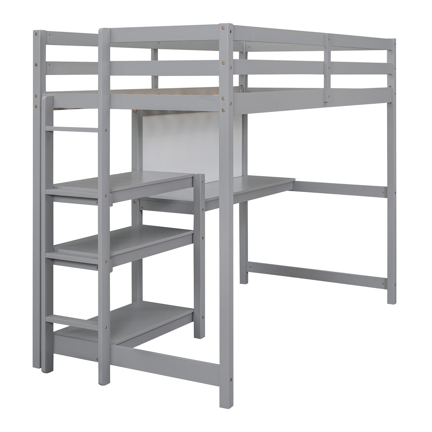 Twin Size Loft Bed With Shelves, Desk And Writing Board - Gray