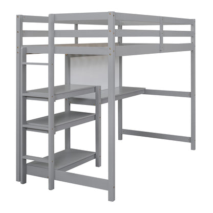 Twin Size Loft Bed With Shelves, Desk And Writing Board - Gray