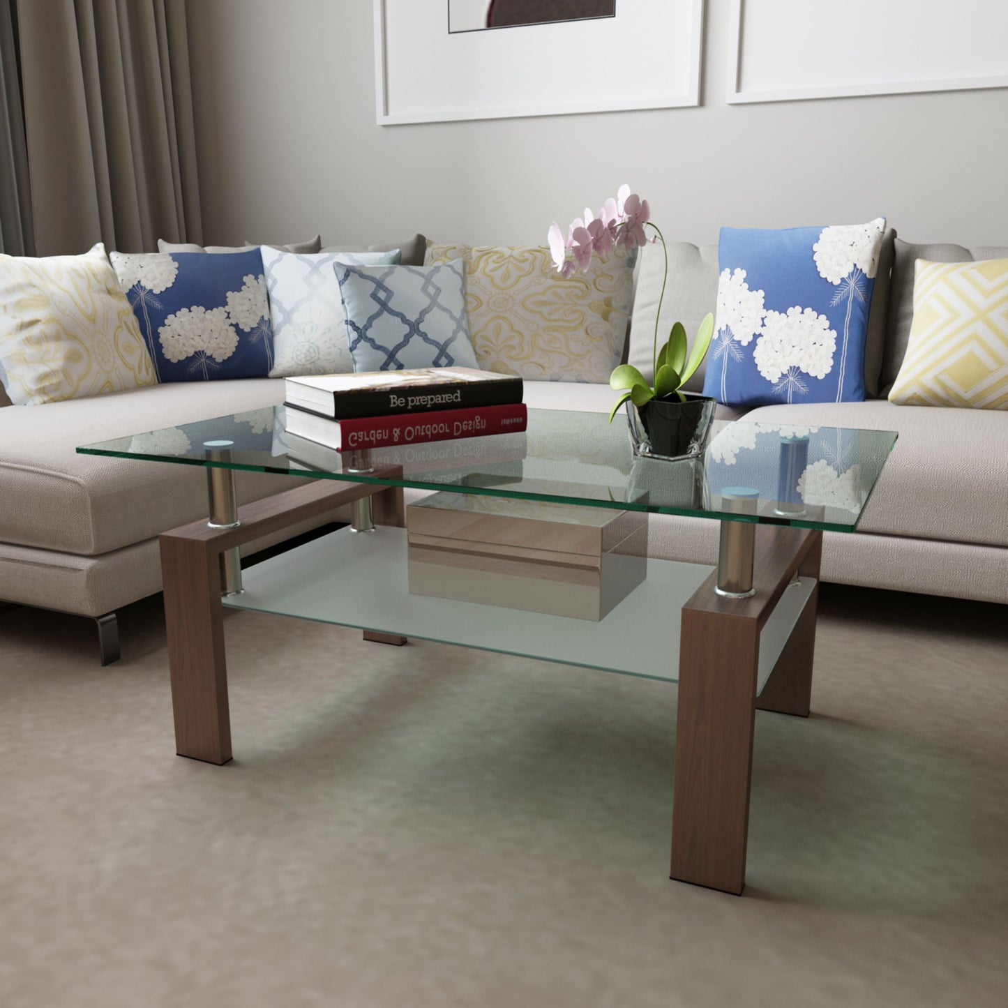 Rectangle Glass Coffee Table, Modern Side Center Tables - Walnut / Clear