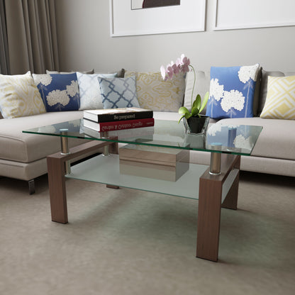 Rectangle Glass Coffee Table, Modern Side Center Tables - Walnut / Clear