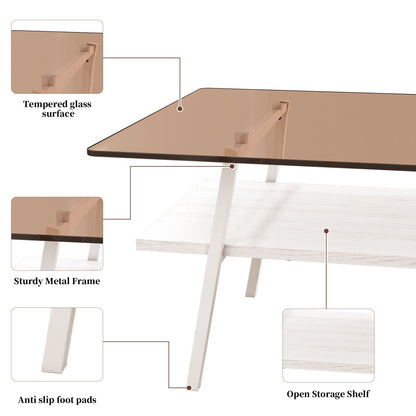 Rectangle Coffee Table, Tempered Glass Tabletop With White Metal Legs, Modern Table For Living Room - Brown / White