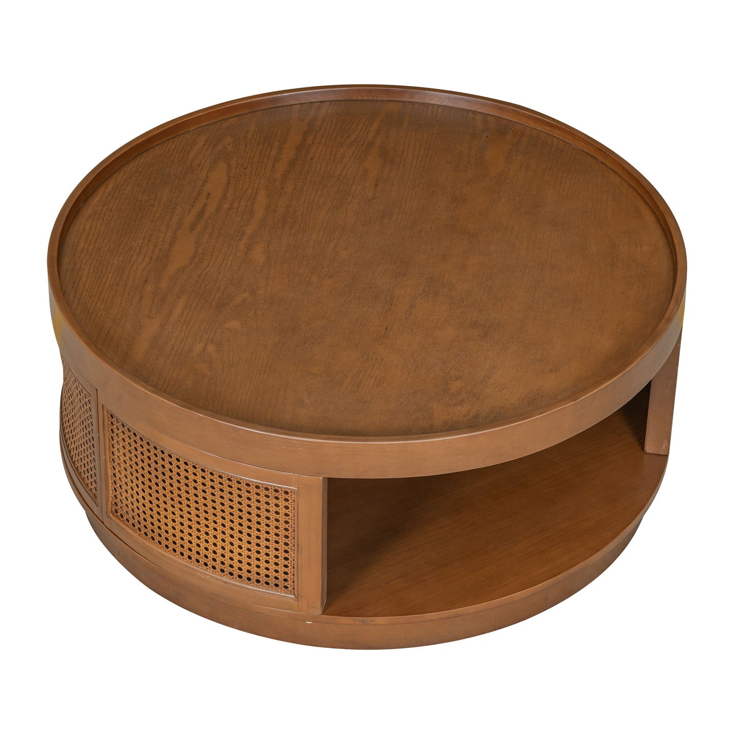 Wooden Mid-Century Modern Coffee Table, Round Cane Coffee Table With Side For Living Room - Brown