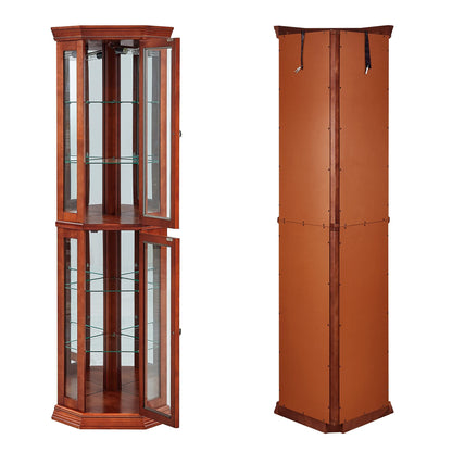 Corner Curio Cabinet With Lights, Adjustable Tempered Glass Shelves, Mirrored Back, Display Cabinet (E26 Light Bulb Not Included) - Light Walnut