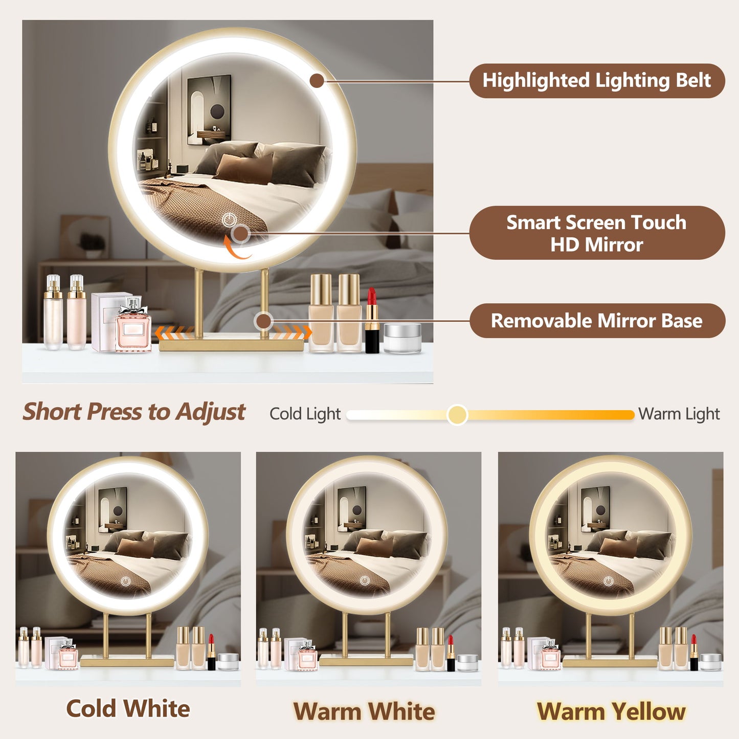 Makeup Vanity Desk With Lighted Mirror, Luxury Dressing Table With 2 Drawers And 1 Cabinet, 3 Lighting Modes Available For Bedroom - White / Gold