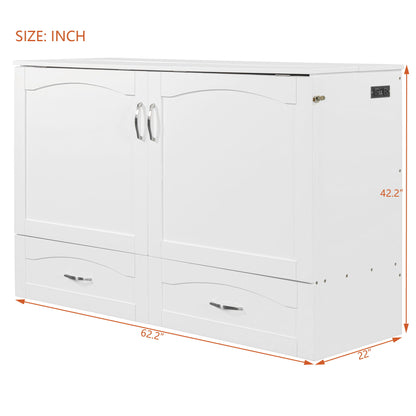 Queen Size Murphy Wall Bed With Drawer And A Set Of Sockets & USB Ports, Pulley Structure Design - White