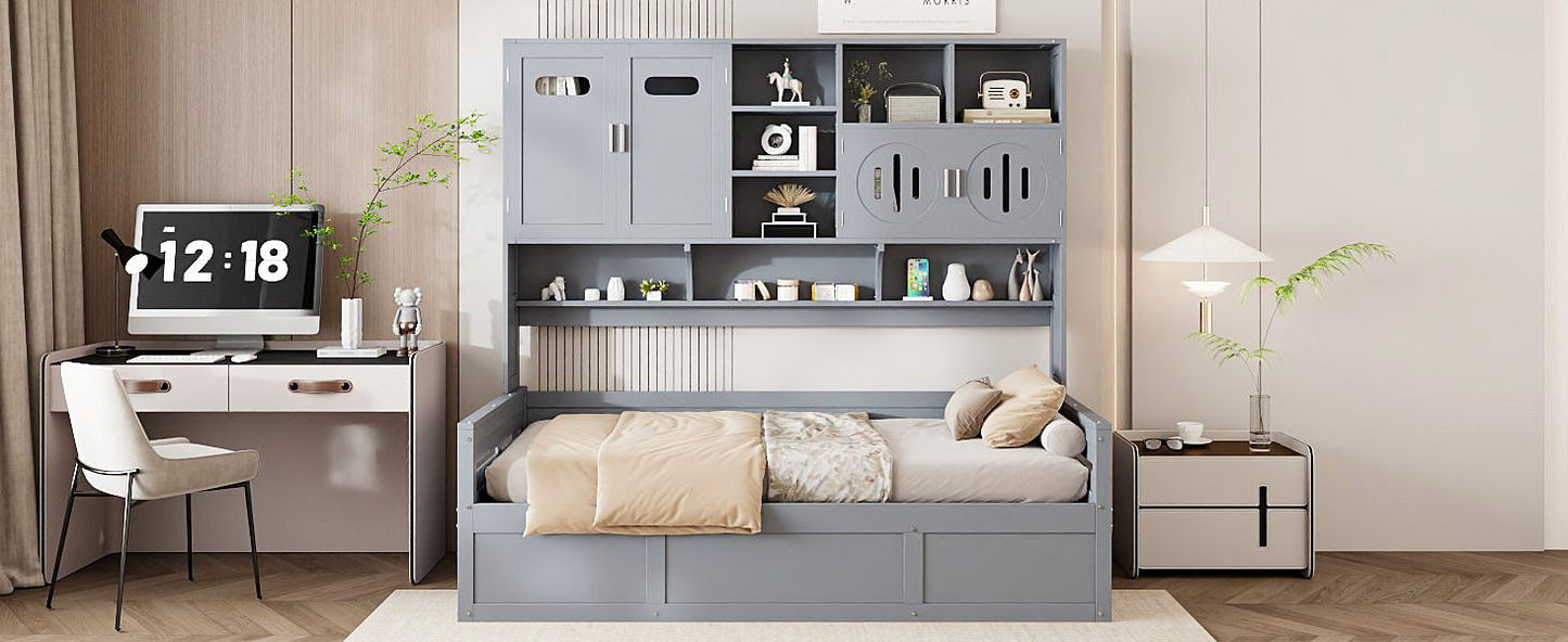 Twin Size Wooden Daybed With Hydraulic Bed And All In One Cabinet And Shelf - Gray