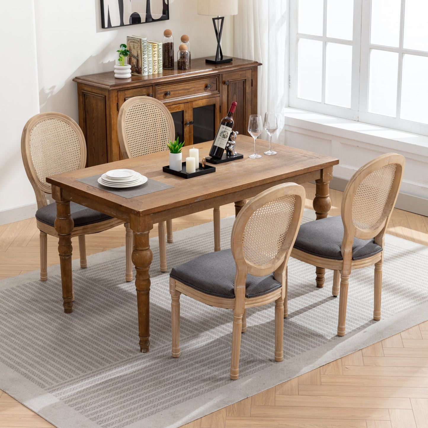 French Style Solid Wood Frame Antique Painting Linen Fabric Rattan Back Dining Chair (Set of 2) - Gray