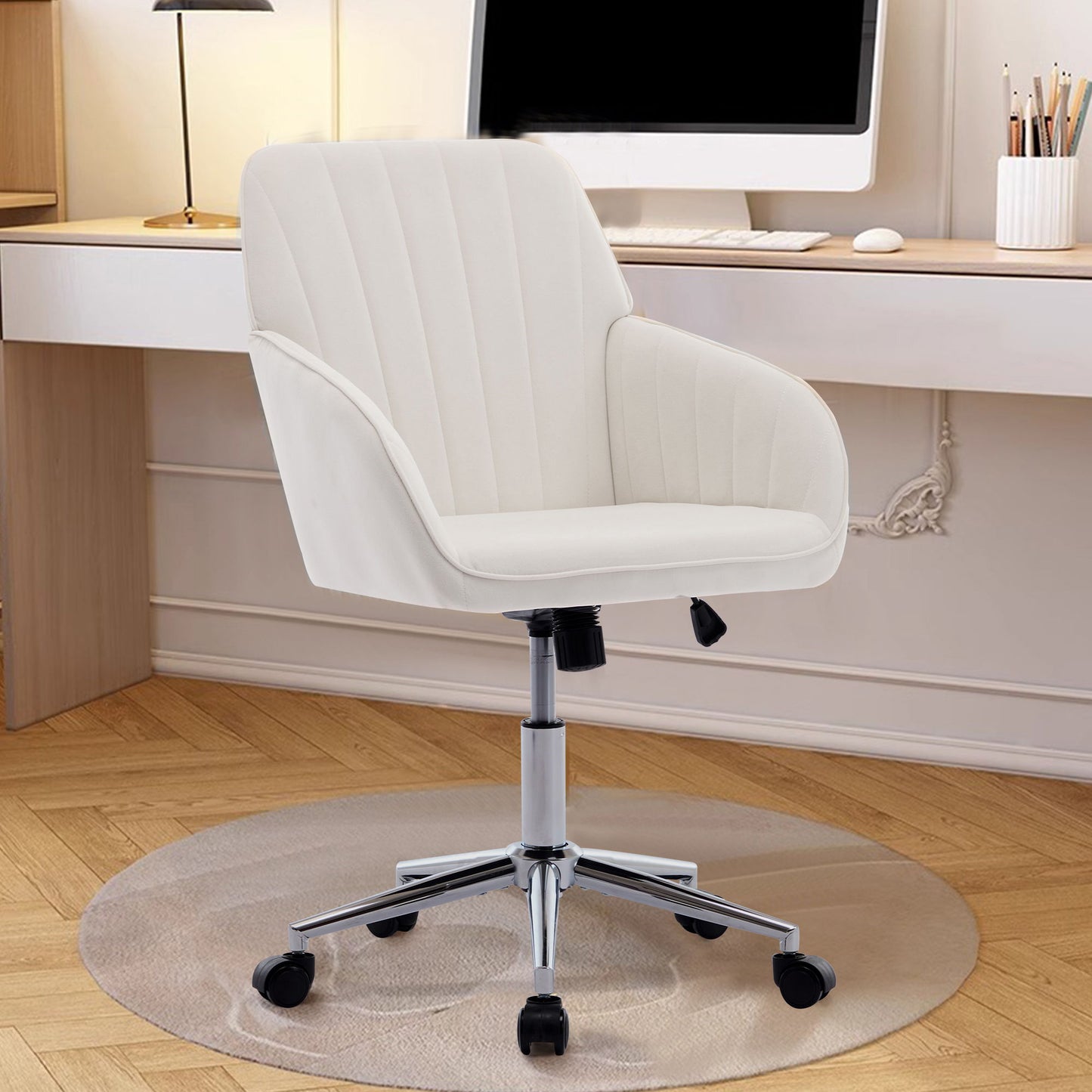 Adjustable Office Chair, Ergonomic Swivel Chair, Velvet Backrest Seat, Comfortable For Long Sitting - Beige
