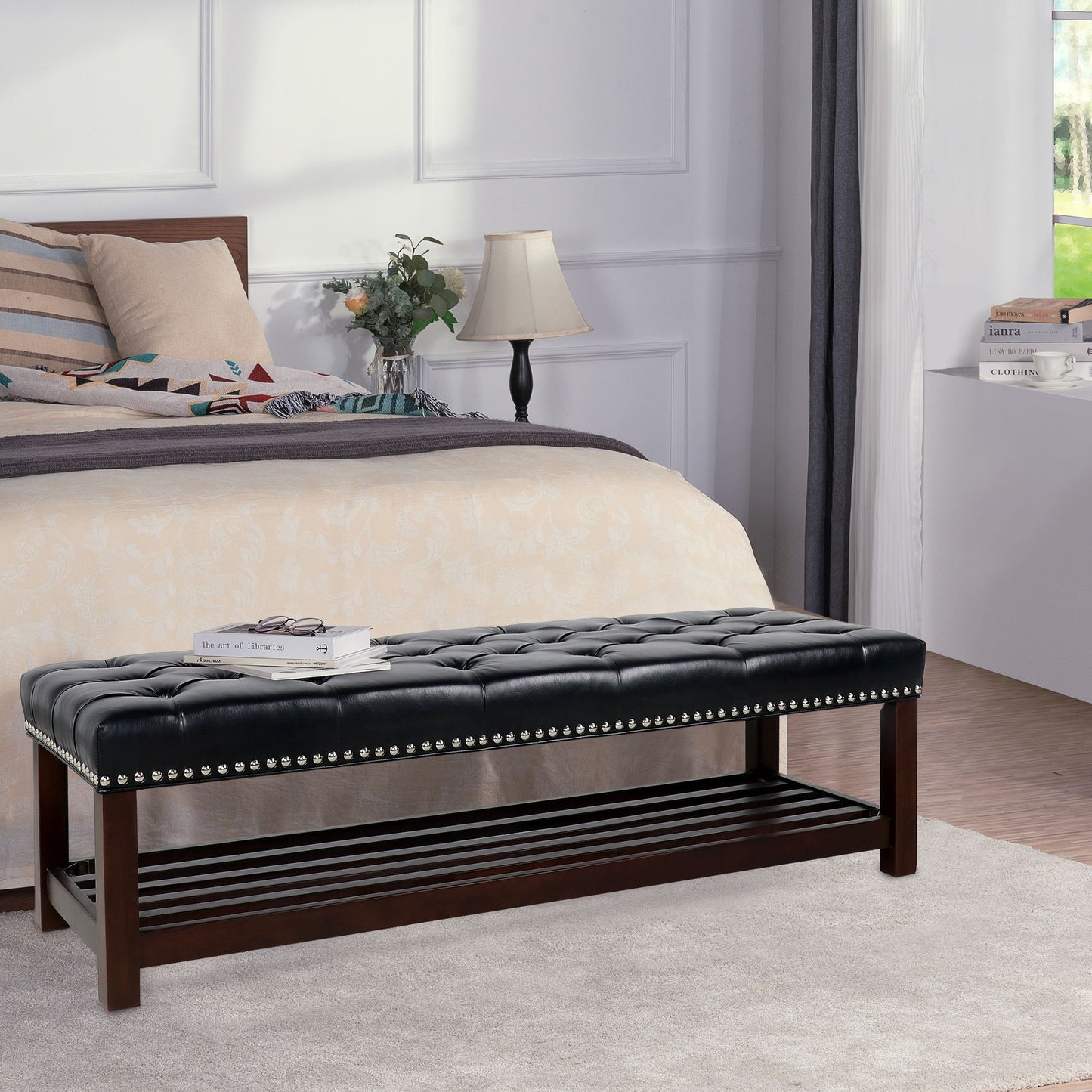 Wooden Base Upholstered Bench For Bedroom For Entryway - Black