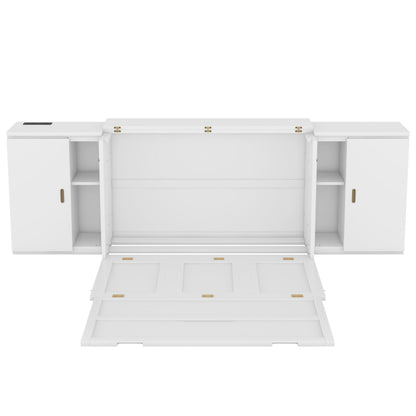 Full Size Murphy Bed With Shelves, Cabinets And USB Ports - White