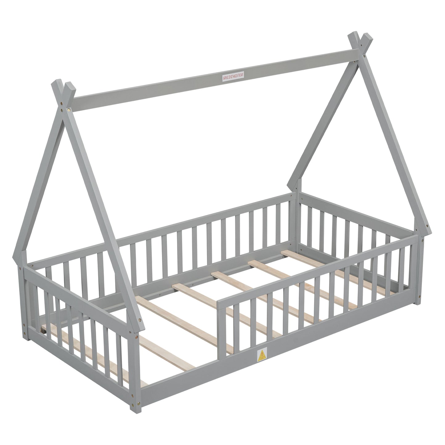 Twin Tent-Shaped Floor Bed, Teepee Bed With Guardrails, Slats - Gray