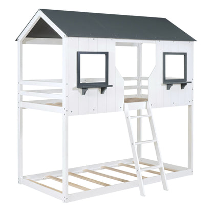 Twin Over Twin Bunk Bed Bed With Roof, Window, Guardrail, Ladder - White