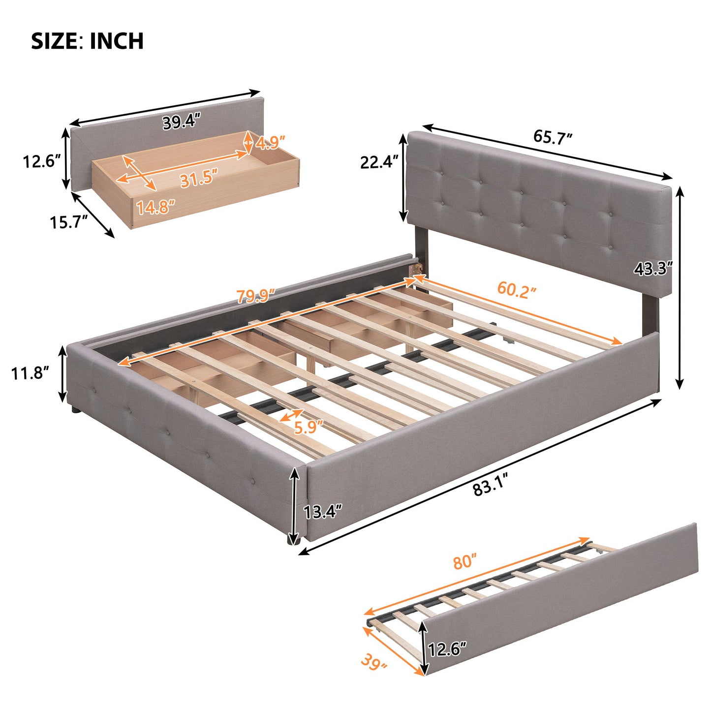 Queen Size Upholstered Platform Bed With 2 Drawers And 1 Twin Long Trundle - Light Gray