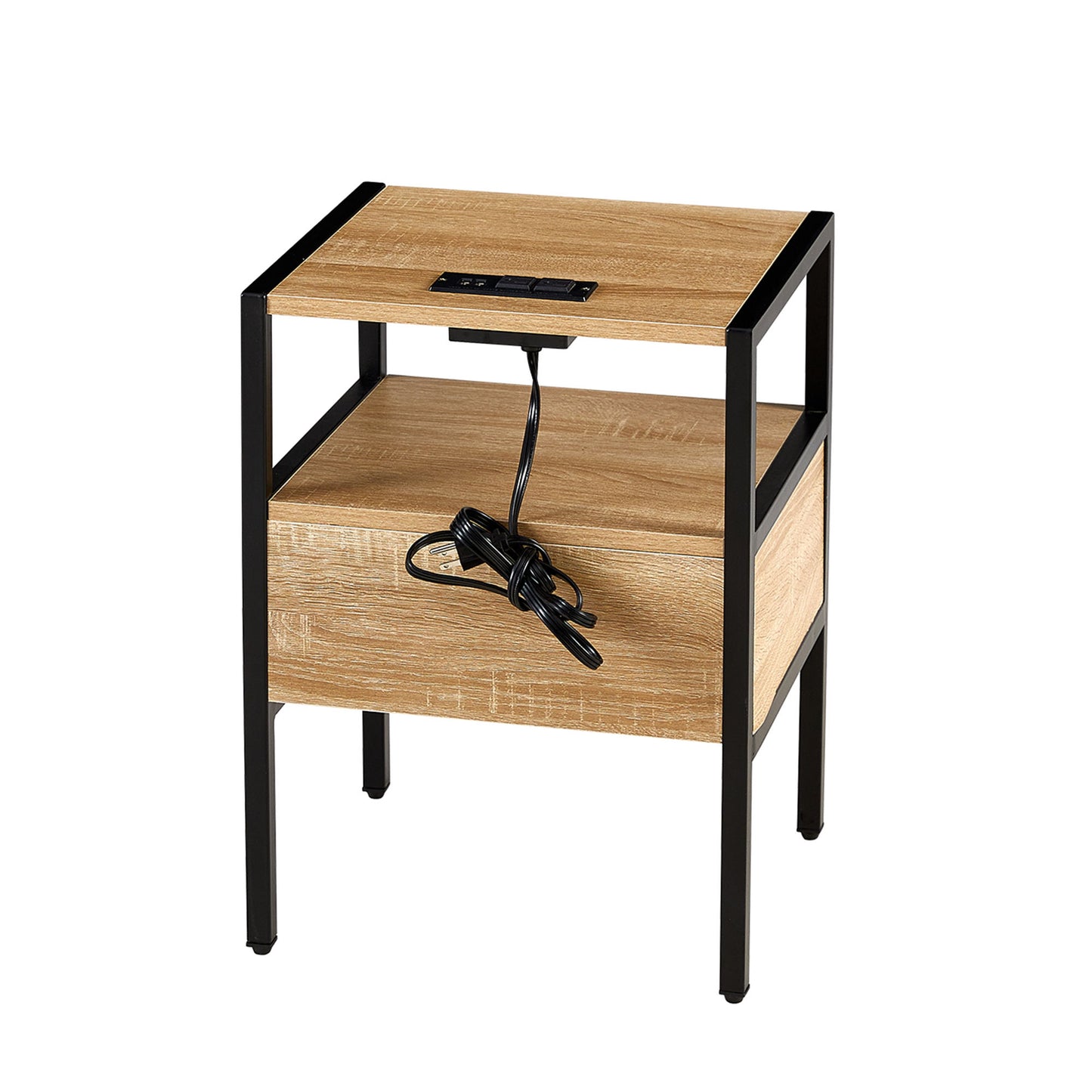 Rattan End Table With Power Outlet & USB Ports, Modern Nightstand With Drawer And Metal Legs, Side Table For Living Room, Bedroom - Natural