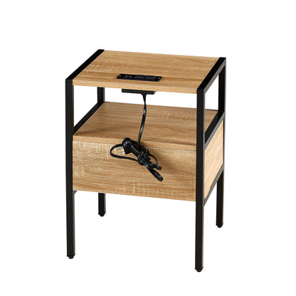 Rattan End Table With Power Outlet & USB Ports, Modern Nightstand With Drawer And Metal Legs, Side Table For Living Room, Bedroom - Natural