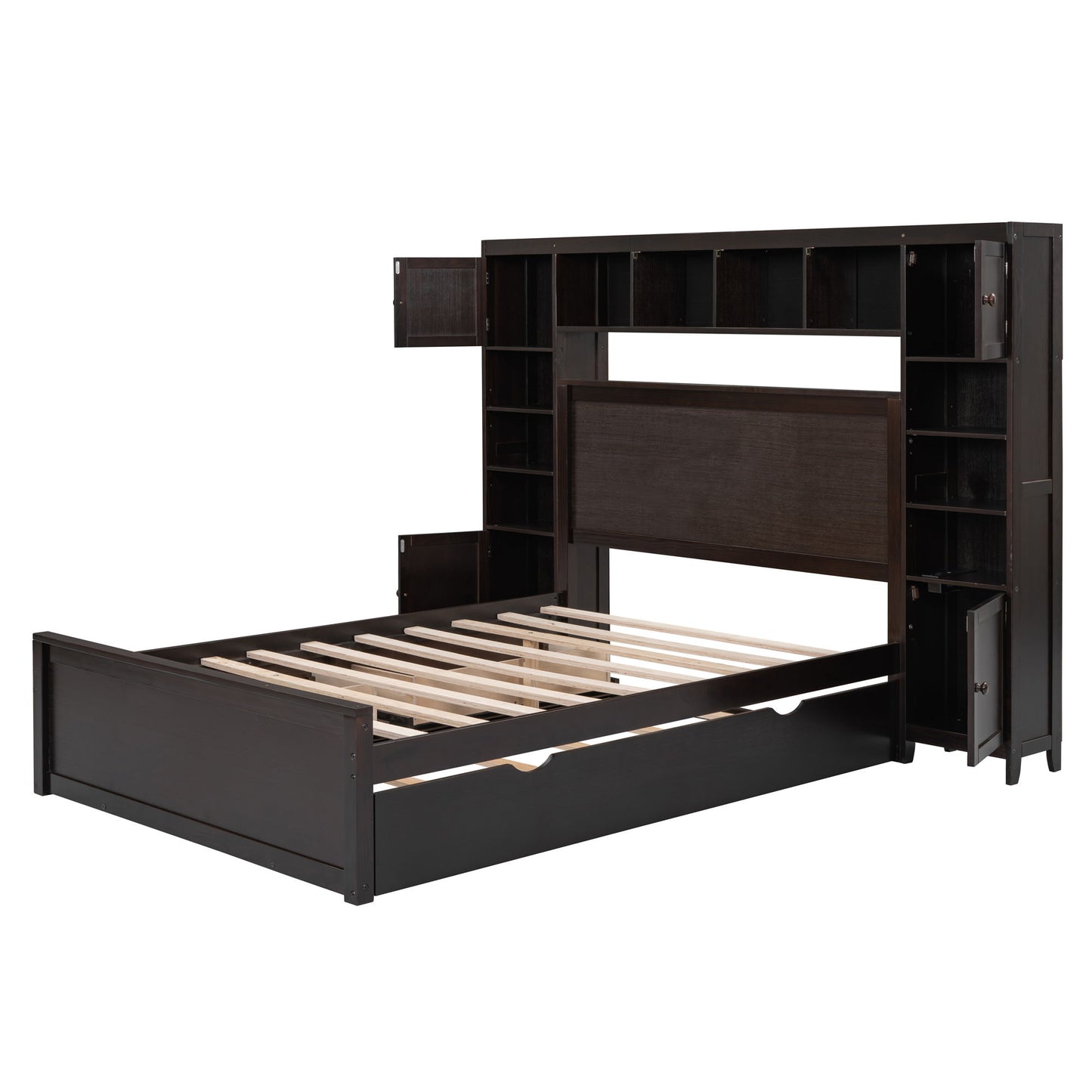Full Size Bed With All In One Cabinet, Shelf And Sockets, Twin Size Trundle - Espresso