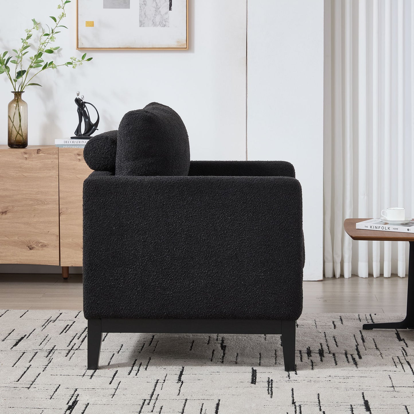 Wide Modern Farmhouse Performance Accent Chair With Black Legs, Wood Base Reading Armchair Single Sofa With 2 Bolster Pillows For Living Room Offices And Lounge - Black