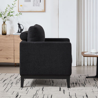 Wide Modern Farmhouse Performance Accent Chair With Black Legs, Wood Base Reading Armchair Single Sofa With 2 Bolster Pillows For Living Room Offices And Lounge - Black