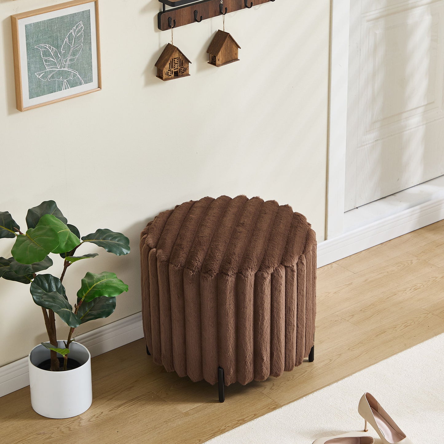 Upholstered Round Pouf Ottoman Foot Rest With Black Metal Legs - Brown