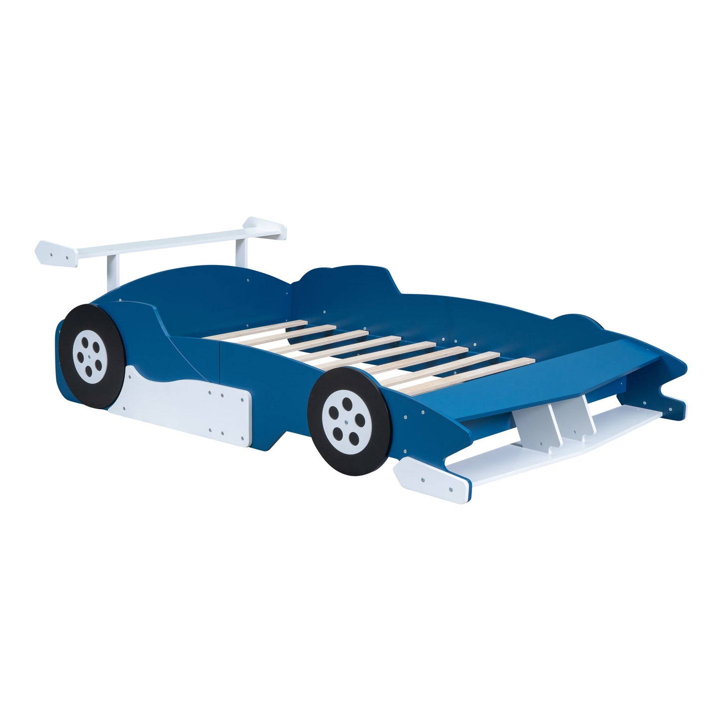Full Size Race Car Shaped Platform Bed With Wheels - Blue