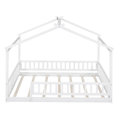 Full Size Bed House Bed Frame & Fence - White