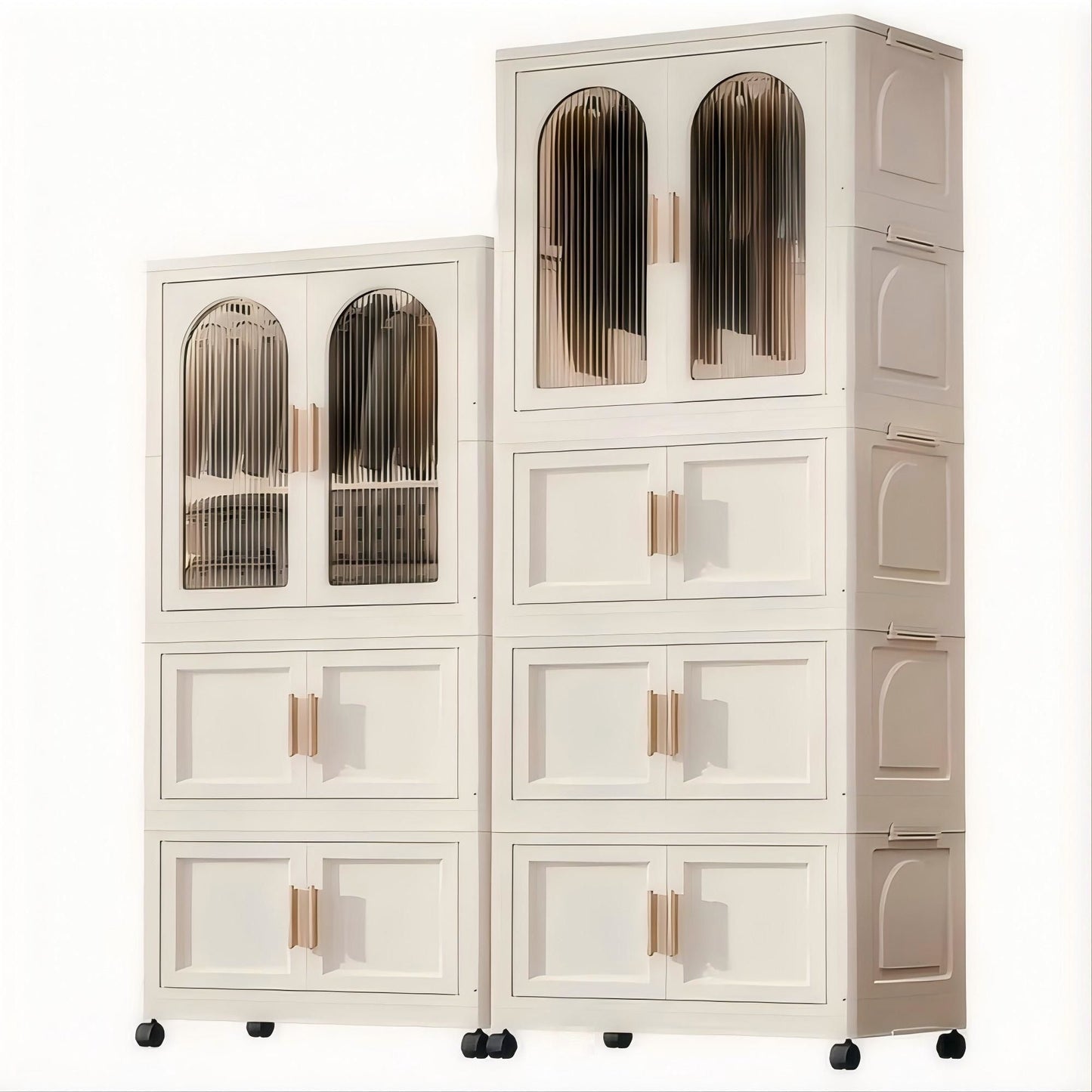 Folding Wardrobe Cabinet Wide White Plastic With Magnetic Doors, Wheels, And 10 Hangers - Cream White