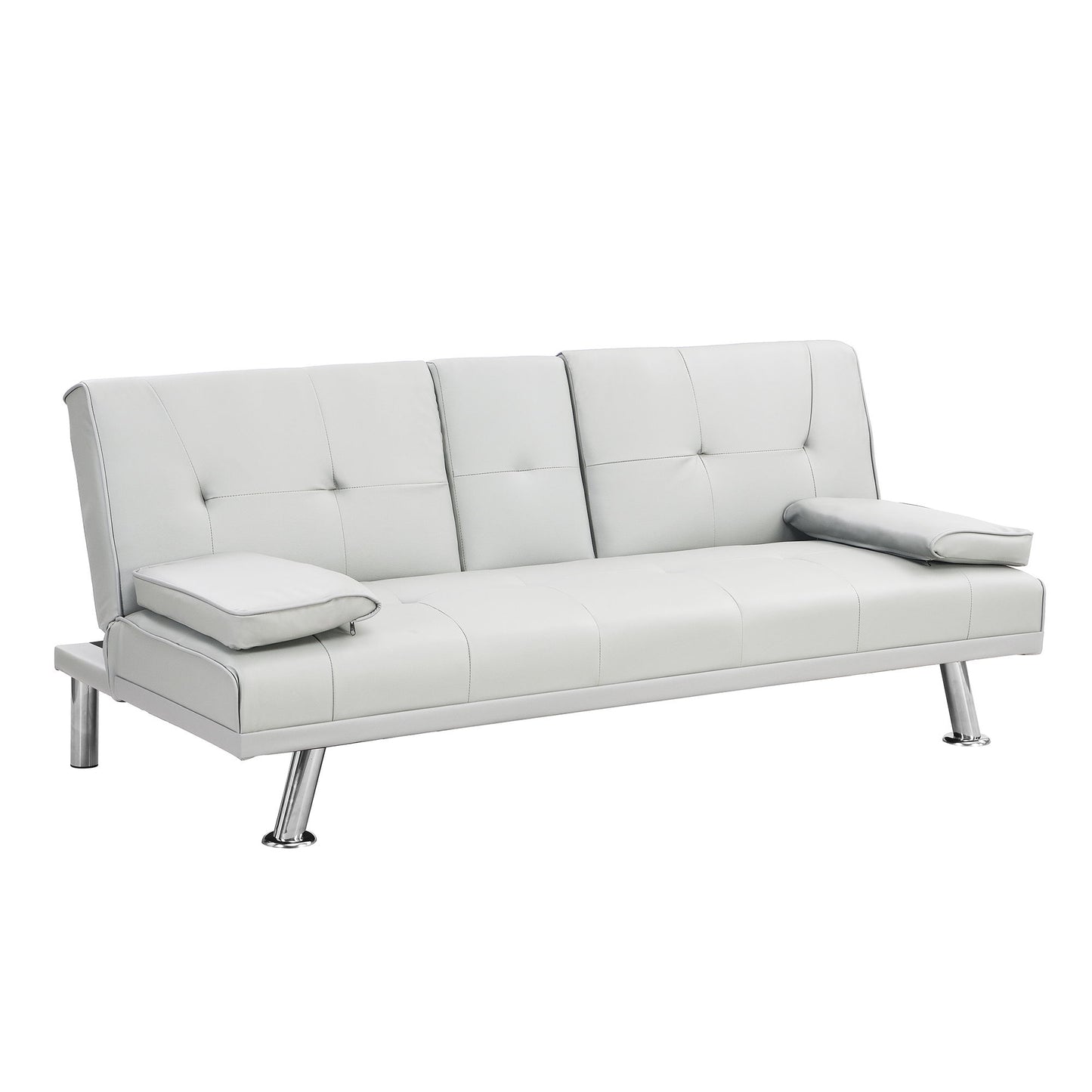 Sofa Bed With Armrest Two Holders Wood Frame, Stainless Leg, Futon - White
