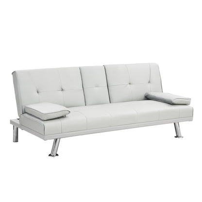 Sofa Bed With Armrest Two Holders Wood Frame, Stainless Leg, Futon - White