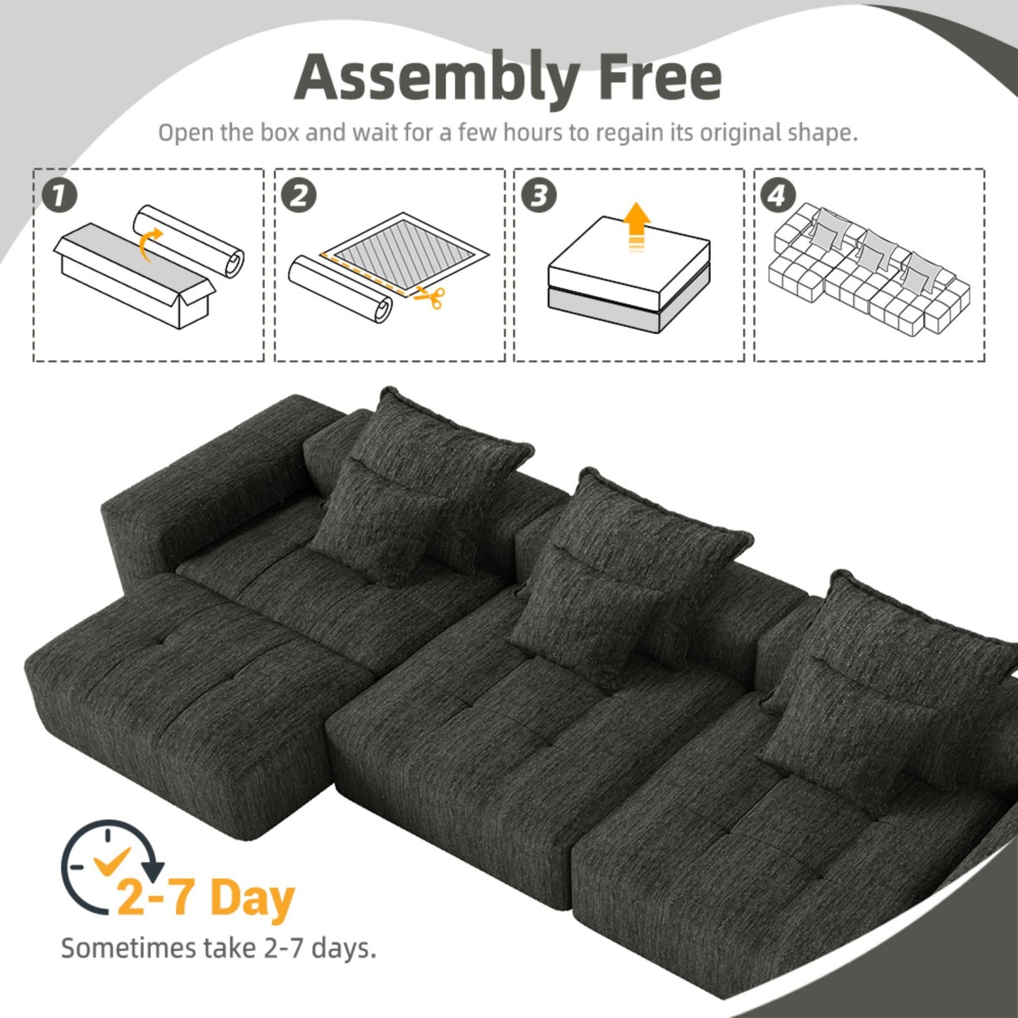 Modern Oversized Modular Sectional Sofa, Sparkling Fabric Soft Cushion Sofa With 6 Pillows, 6 Pieces Diy Combination Tufted Sofa, No Assembly Required - Black
