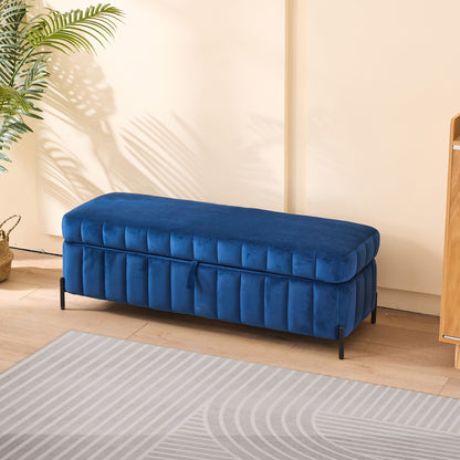 Wide Upholstered Velvet Storage Soft Bench Footstool Ottoman End Of Bed With Metal Legs, Foot Rest For Living Room, Entryway And Bedroom - Black / Navy