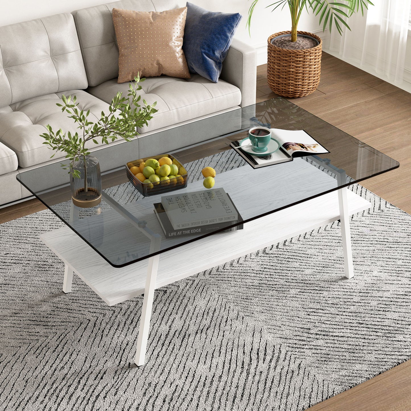 Rectangle Coffee Table, Tempered Glass Tabletop With White Metal Legs, Modern Table For Living Room - Gray