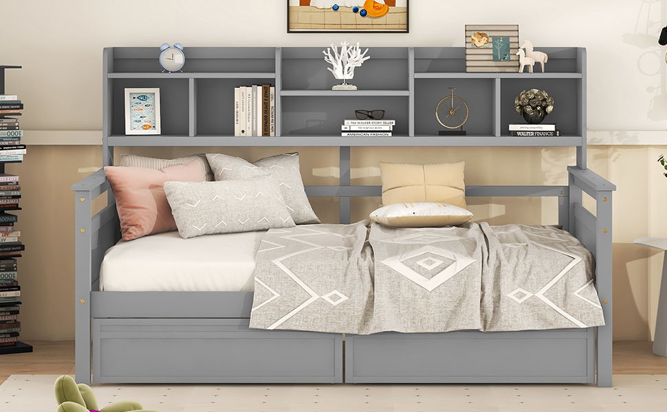 Twin Size Daybed, Slat Support, With Bedside Shelves And 2 Drawers - Gray