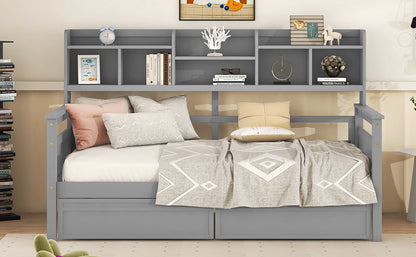 Twin Size Daybed, Slat Support, With Bedside Shelves And 2 Drawers - Gray