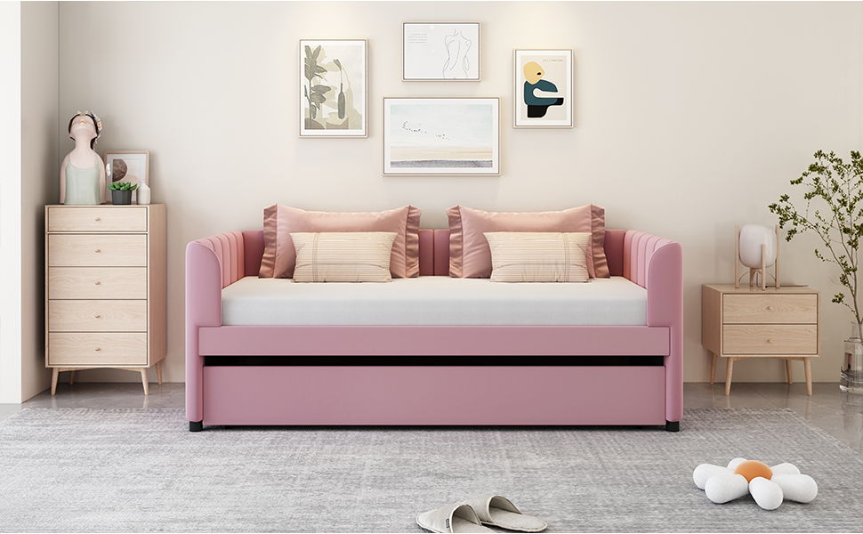 Twin Size Upholstered Daybed With Ergonomic Design Backrest And Trundle - Pink