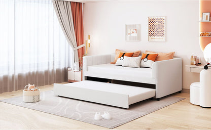 Twin Size Upholstered Daybed With Ergonomic Design Backrest And Trundle - Beige