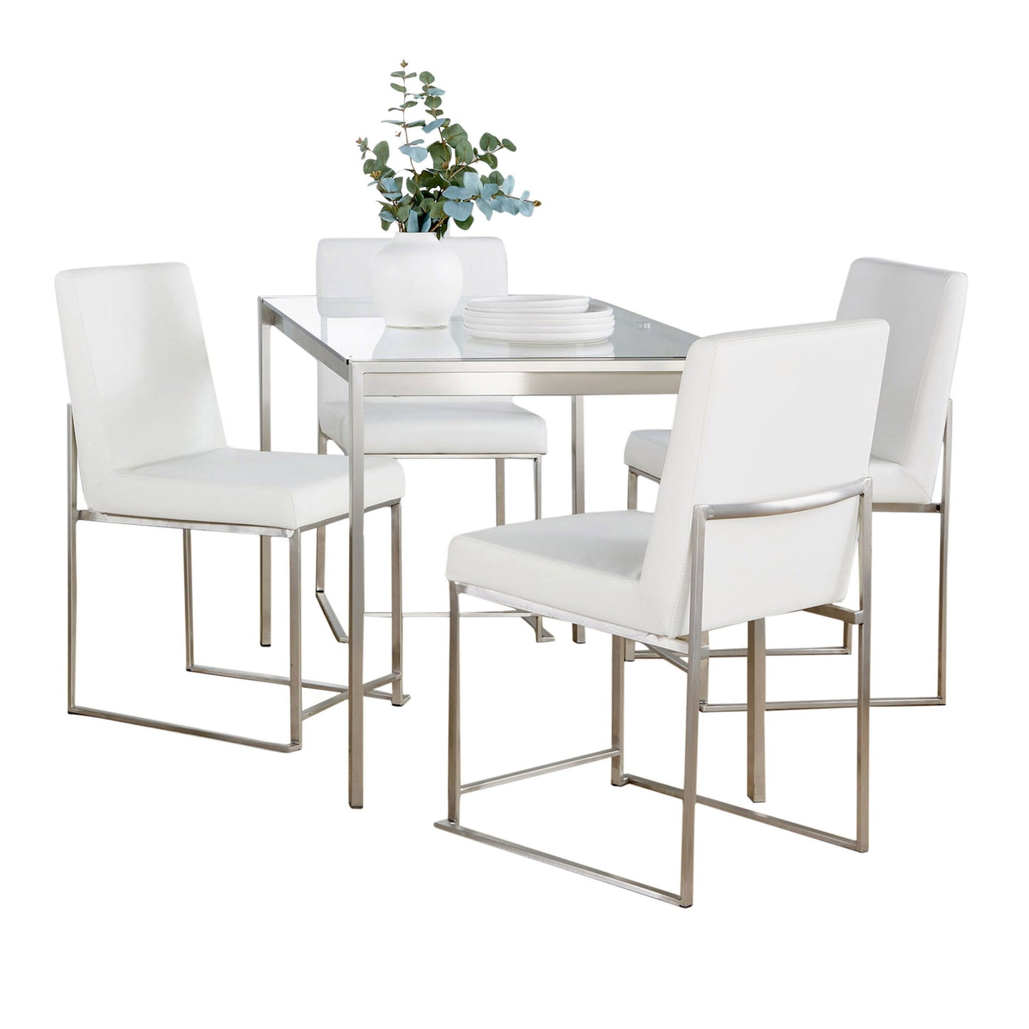 Fuji - High Back Contemporary Dining Set, Glass 5 Piece - White