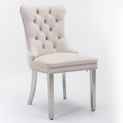 Nikki - Modern, High-End Tufted Solid Wood Contemporary Velvet Upholstered Dining Chair With Chrome Stainless Steel Plating Legs, Nailhead Trim (Set of 2) - Beige