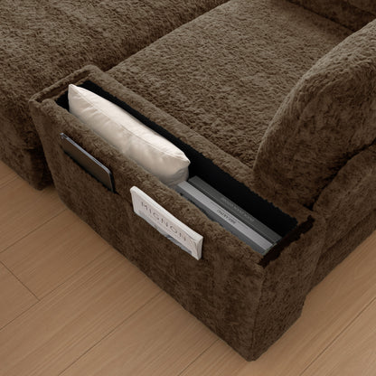 Oversized Chaise Lounge Indoor Rabbit Fur Sofa Bed With Storage Ottoman And Armrests Cup Holders With Deep Seat - Brown