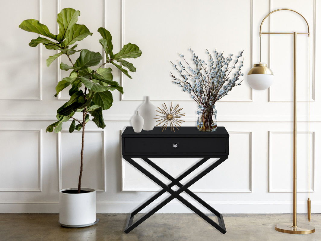 Koda - Wooden End Side Table Nightstand With Glass Top, Drawer And Metal Cross Base - Black