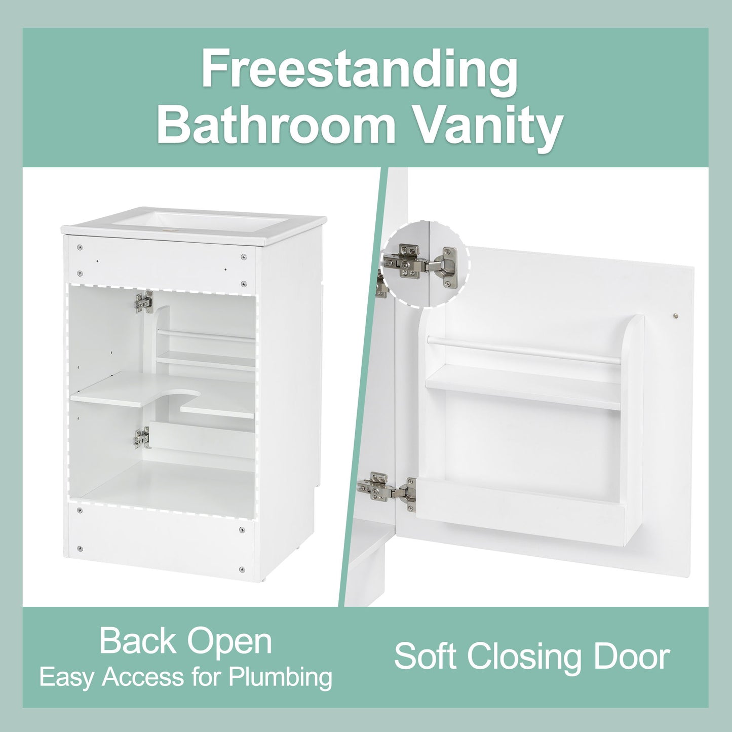 20" Bathroom Vanity With Sink, Freestanding Cabinet With Door Shelf And Adjustable Shelf, And Ceramic Construction - White