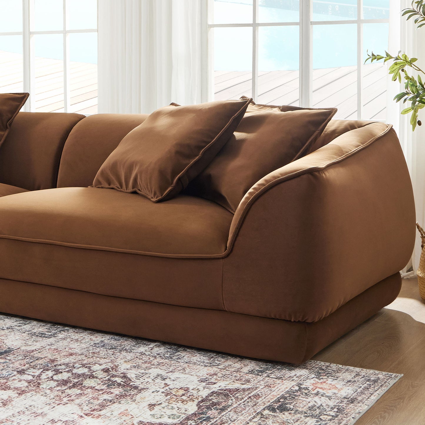 Nordic Modern Sofa With Detachable Pillowcase, French Velvet Fabric, Solid Wood Frame, High Density Sponge Filling - Camel