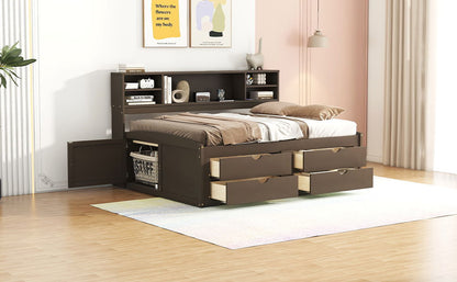 Full Size Daybed With 2 Bedside Cabinets, Upper Shelves And 4 Drawers - Antique Brown