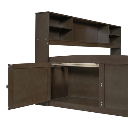 Full Size Daybed With 2 Bedside Cabinets, Upper Shelves And 4 Drawers - Antique Brown