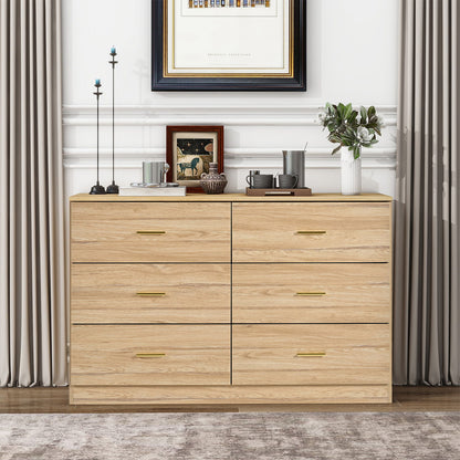 Modern 6 Drawer Dresser For Bedroom, Ample Storage Wide Chest Of Drawers, Sturdy & Safe - Natural