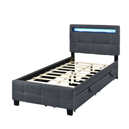 Twin Size Upholstered Platform Bed With LED Frame And 2 Drawers - Gray