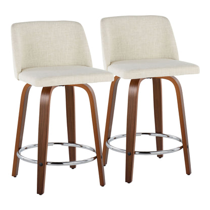 Toriano - Mid-Century Modern Fixed Height Counter Stool Swivel With Round Footrest (Set of 2) - Walnut / Cream