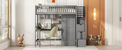 Twin Size Loft Bed With Bookshelf, Drawers, Desk, And Wardrobe - Gray