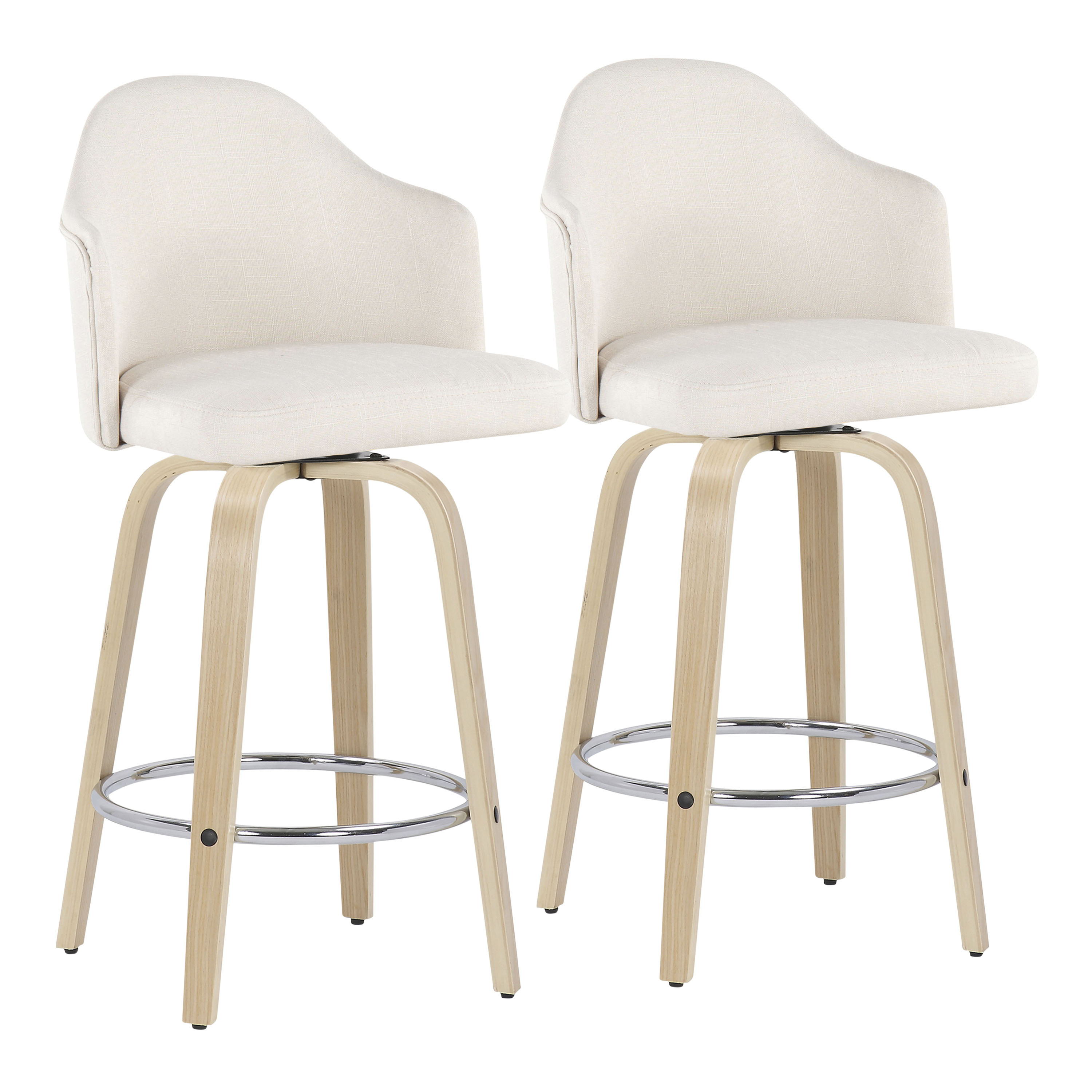 Ahoy - Mid-Century Modern Fixed Height Counter Stool With Natural Legs / Round Chrome Footrest (Set of 2) - Cream