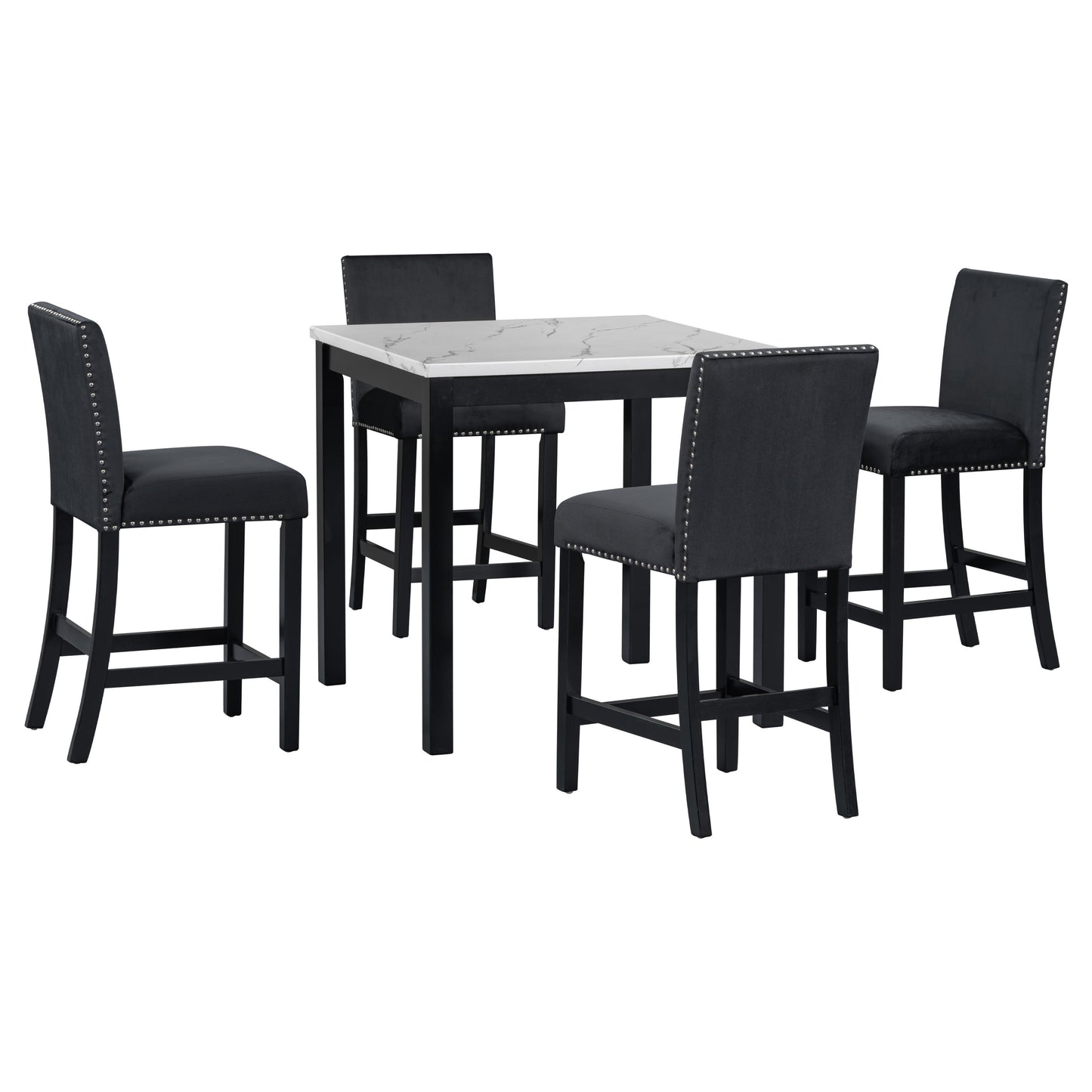 5-Piece Counter Height Dining Table Set With One Faux Marble Top Dining Table And Four Velvet Upholstered Chairs - Black