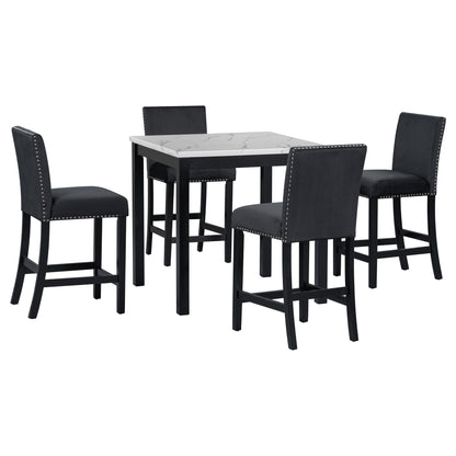 5-Piece Counter Height Dining Table Set With One Faux Marble Top Dining Table And Four Velvet Upholstered Chairs - Black
